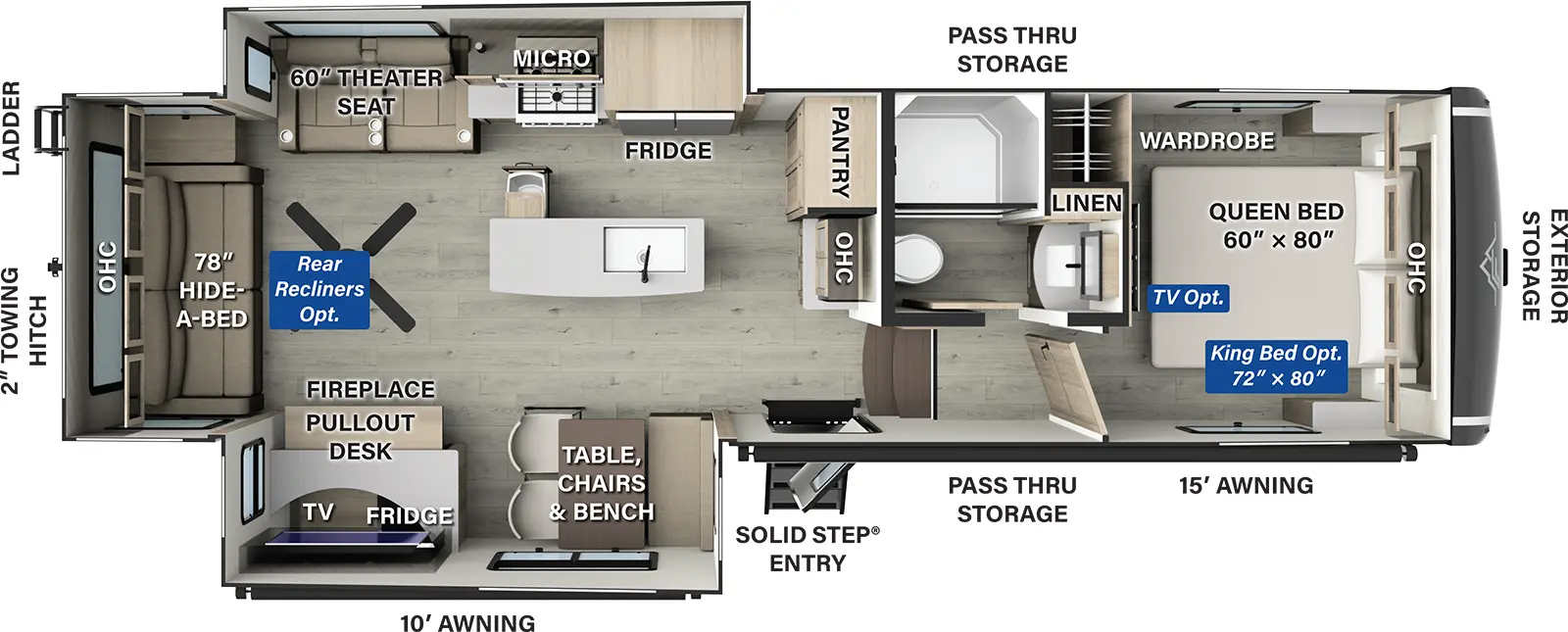 The Flagstaff Classic Fifth Wheels F331RL floorplan has one entry and two slide outs. Exterior features include: fiberglass exterior and 10' & 15' awning. Interiors features include: kitchen island, front bedroom and rear living.